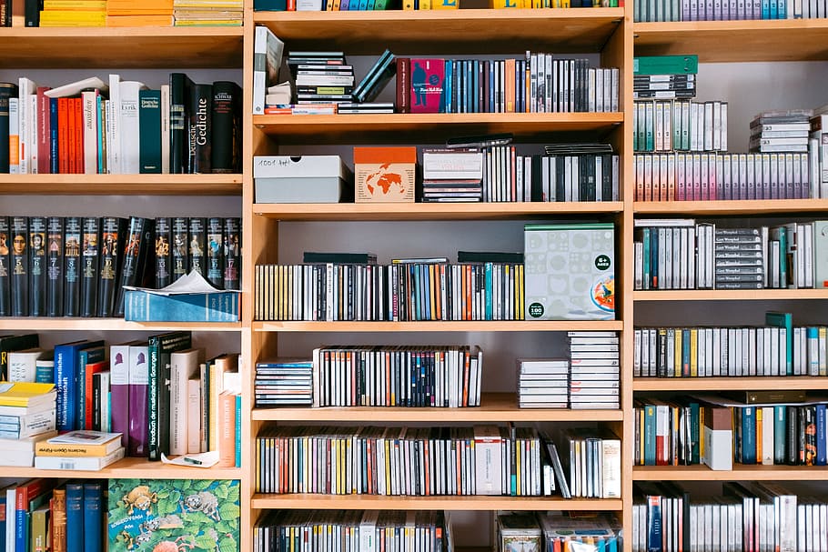 Bookshelf with books and cds, background, bookcase, bookstore