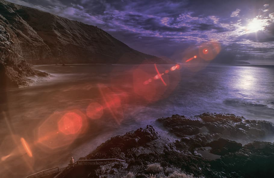 red light rays on beach, mountain, outdoors, nature, volcano HD wallpaper
