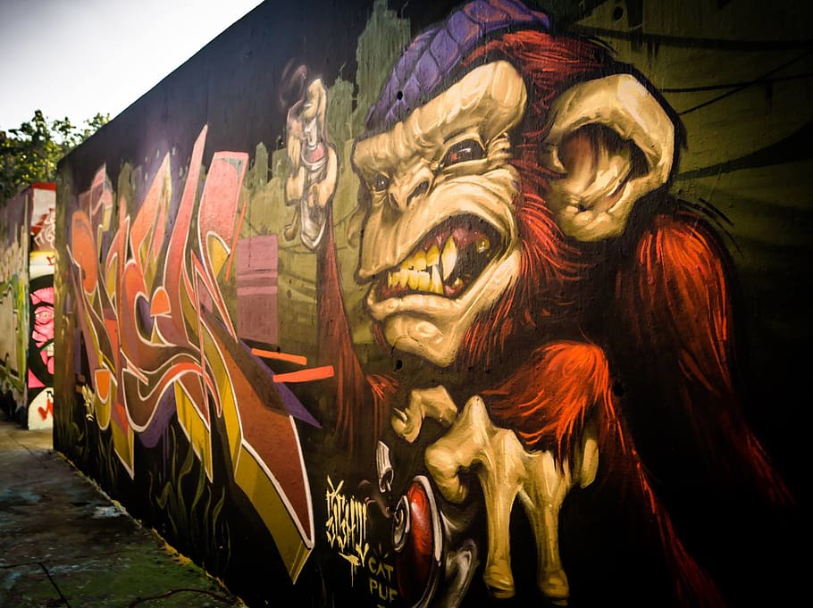spain, barcelona, graffitti, wall, monkey, bacelona, abstract HD wallpaper