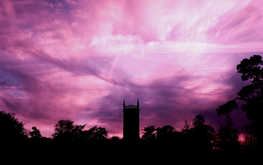 sky, clouds, trees, building, silhouette, dark, sunset, nature HD wallpaper