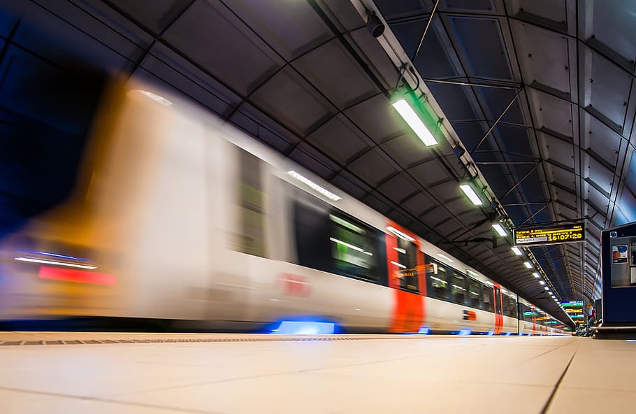 Beige and Red Train, blur, express, fast, high speed, modern HD wallpaper