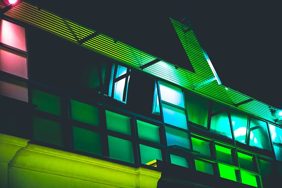 Green Led Building, architecture, contemporary, design, low angle photography HD wallpaper