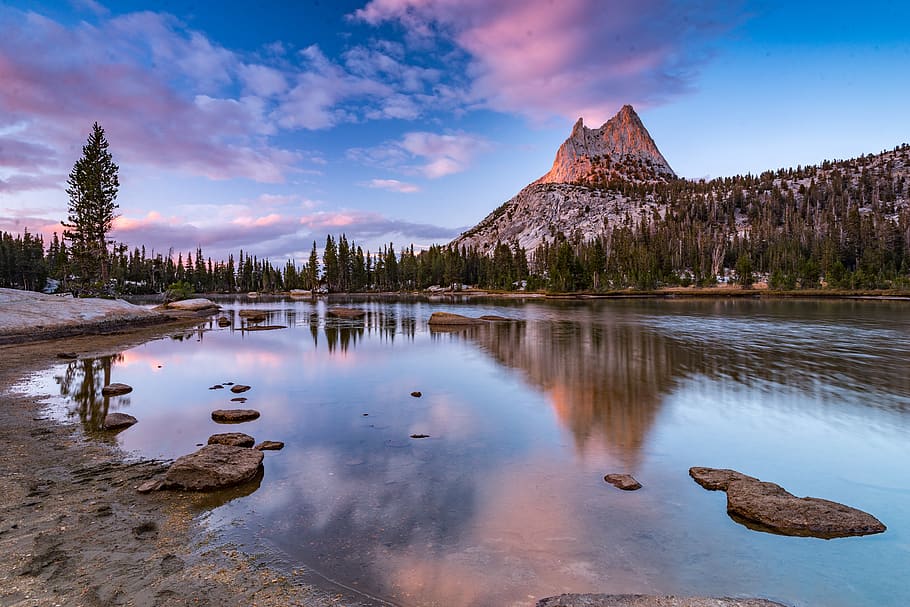 united states, upper cathedral lake, sunset, national park, HD wallpaper