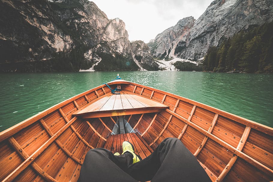 Boat Rowing on a Lake, autumn, boats, braies lake, dolomites, HD wallpaper
