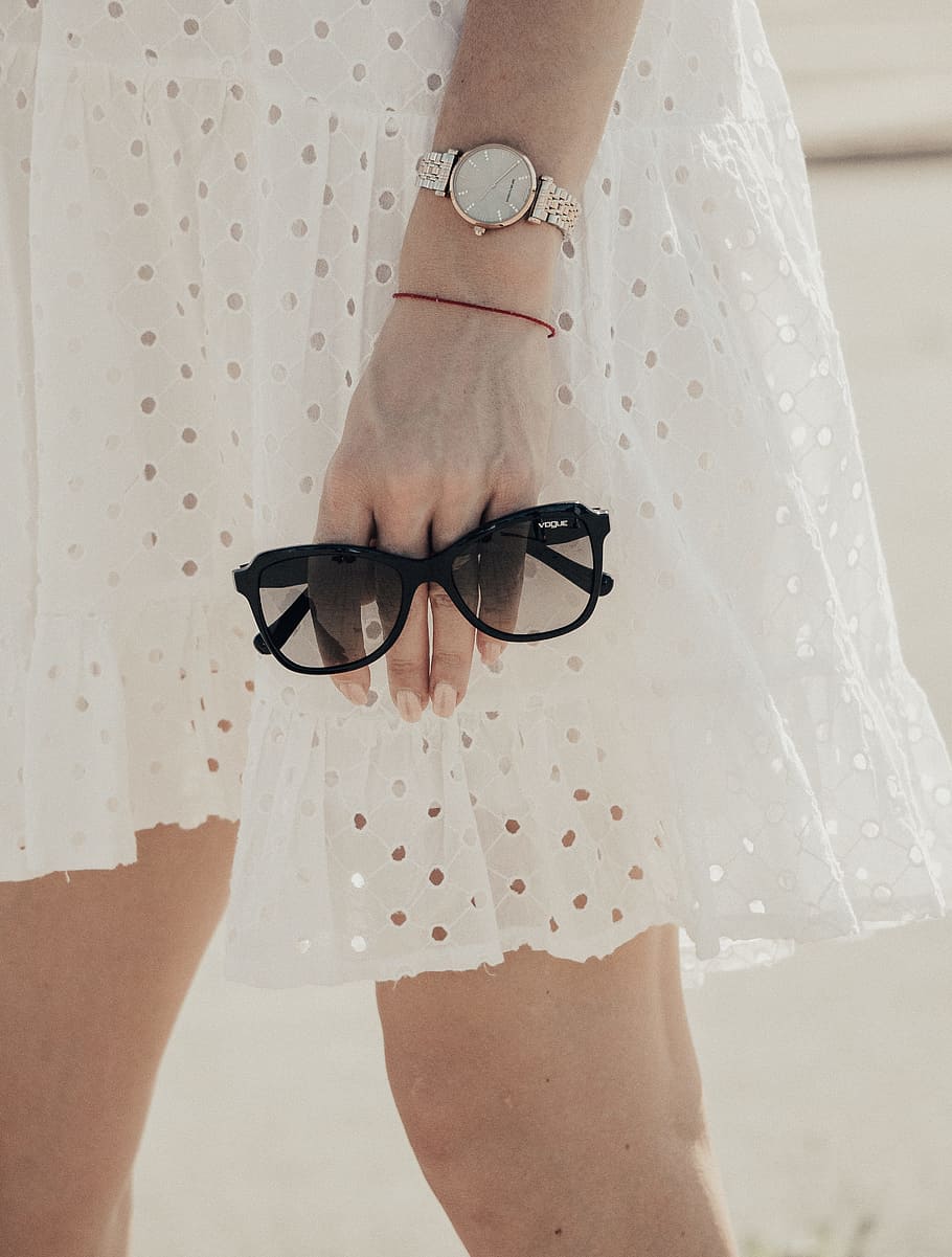 woman holding black sunglasses, hand, arm, watch, dress, caucasian HD wallpaper