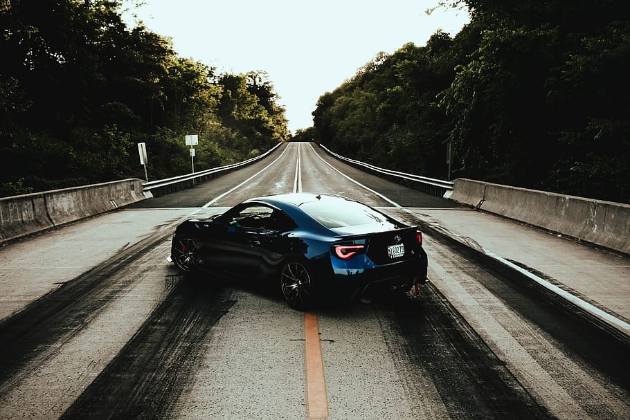 blue coupe of road, car, bridge, perspective, vehicle, luxury HD wallpaper