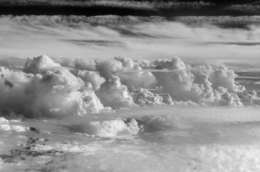 clouds, sky, flight, monochrome, black and white, plane, cloud - sky HD wallpaper