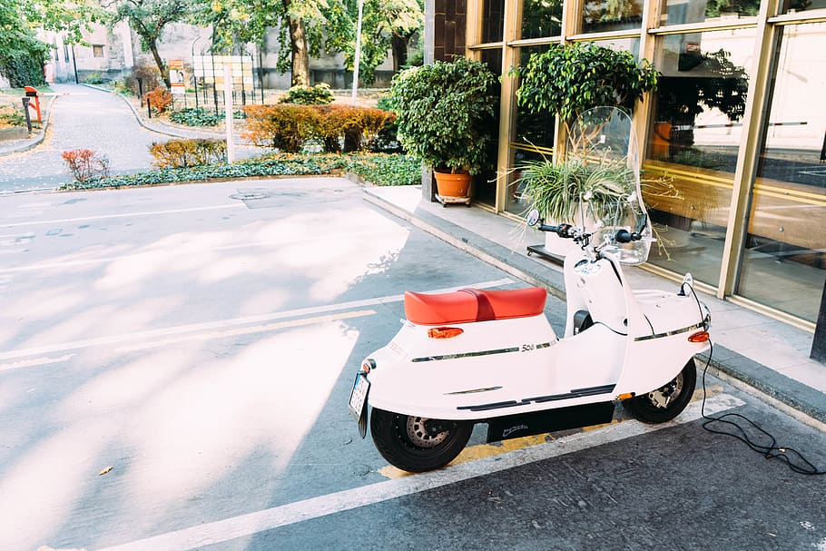 white motor scooter, wheel, machine, transportation, vehicle HD wallpaper
