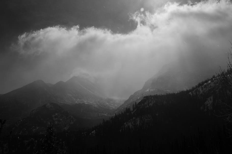 mountains, snow, storm, trees, valley, sky, scenics - nature HD wallpaper