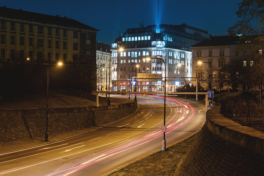 Car lights on the night highway in the city, illuminated, architecture HD wallpaper