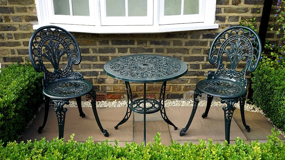 Black Steel Table With Chairs, courtyard, deck, design, exterior