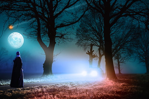 dawn, trees, road, car, night, full moon, woman, light, history HD wallpaper