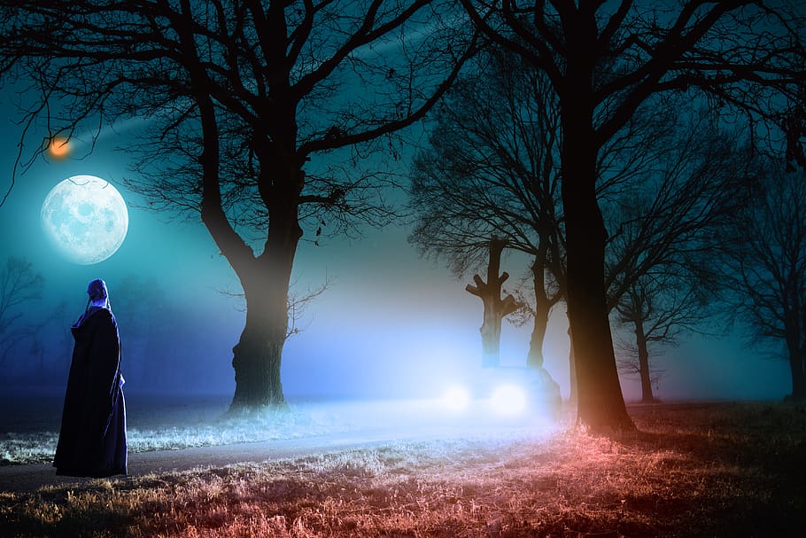 dawn, trees, road, car, night, full moon, woman, light, history HD wallpaper