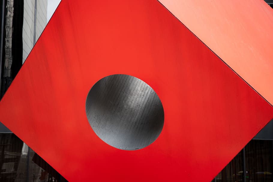 red cube tube box, hole, sphere, new york city, nyc, window, porthole HD wallpaper