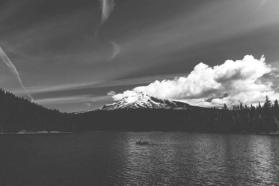 trillium lake, mt., hood, portland, landscape, bw, black, white, HD wallpaper