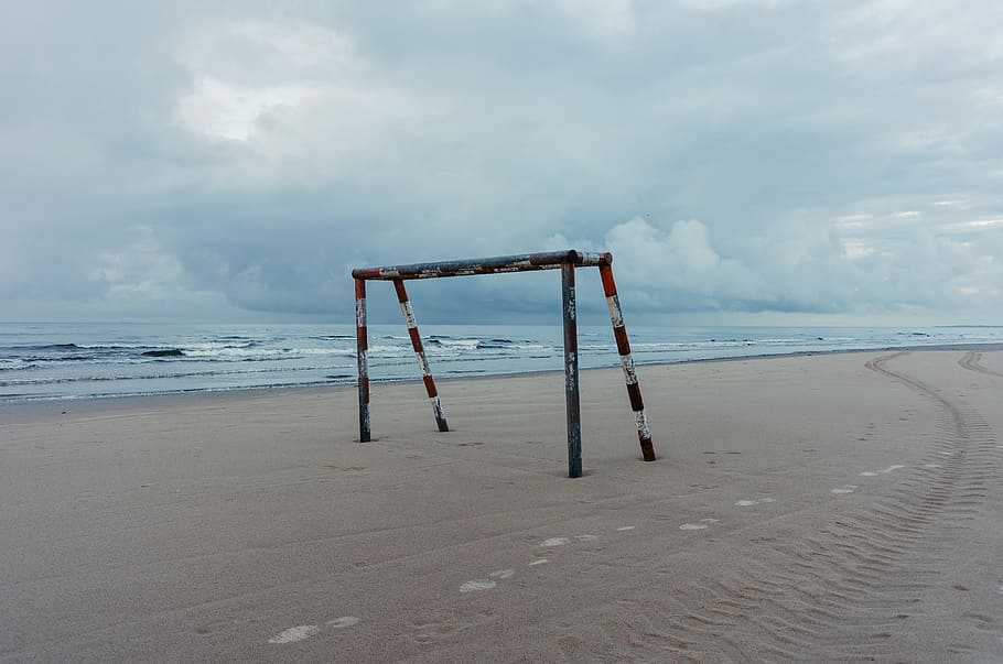 Football goal on a beach, background, blue, clouds, coast, competition HD wallpaper