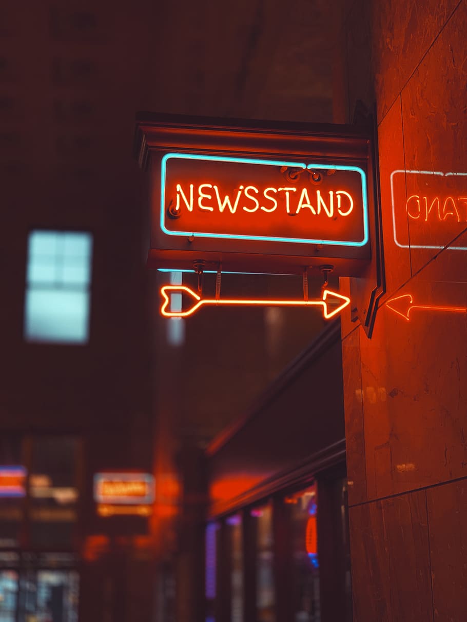 blue and orange Newsstand neon signage, illuminated, text, night