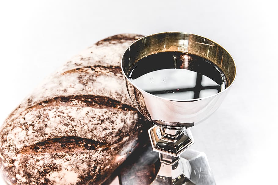 brass chalice and brown bread, close-up, food and drink, still life HD wallpaper
