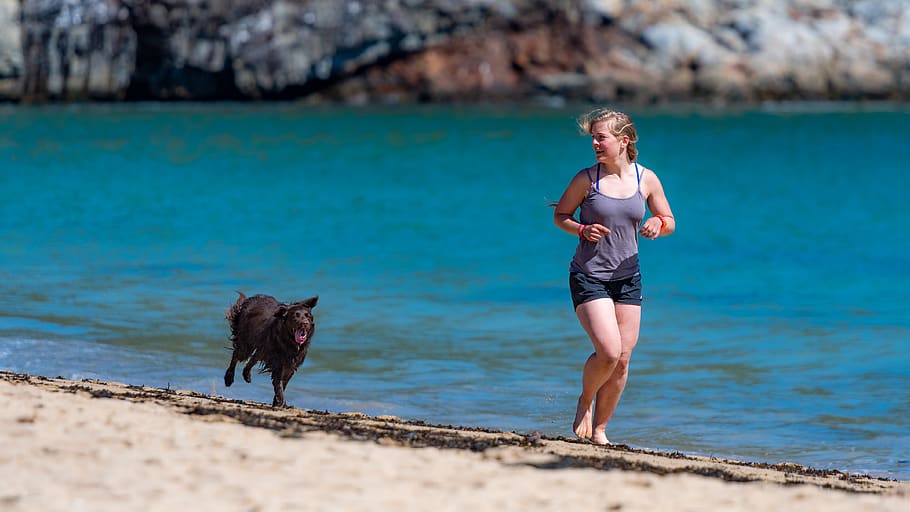 woman and dog running in seashore, person, human, people, ocean, HD wallpaper