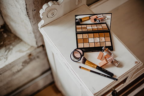 Cosmetic Products On Table, brushes, cosmetics, make-up, make-up brushes HD wallpaper