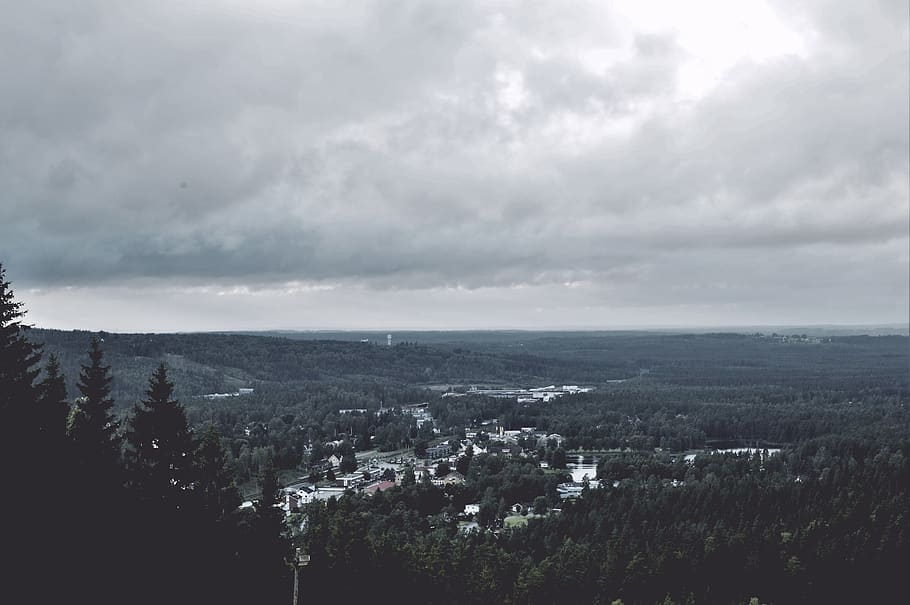 sweden, trees, forest, small town, clouds, cloudy, horizon HD wallpaper