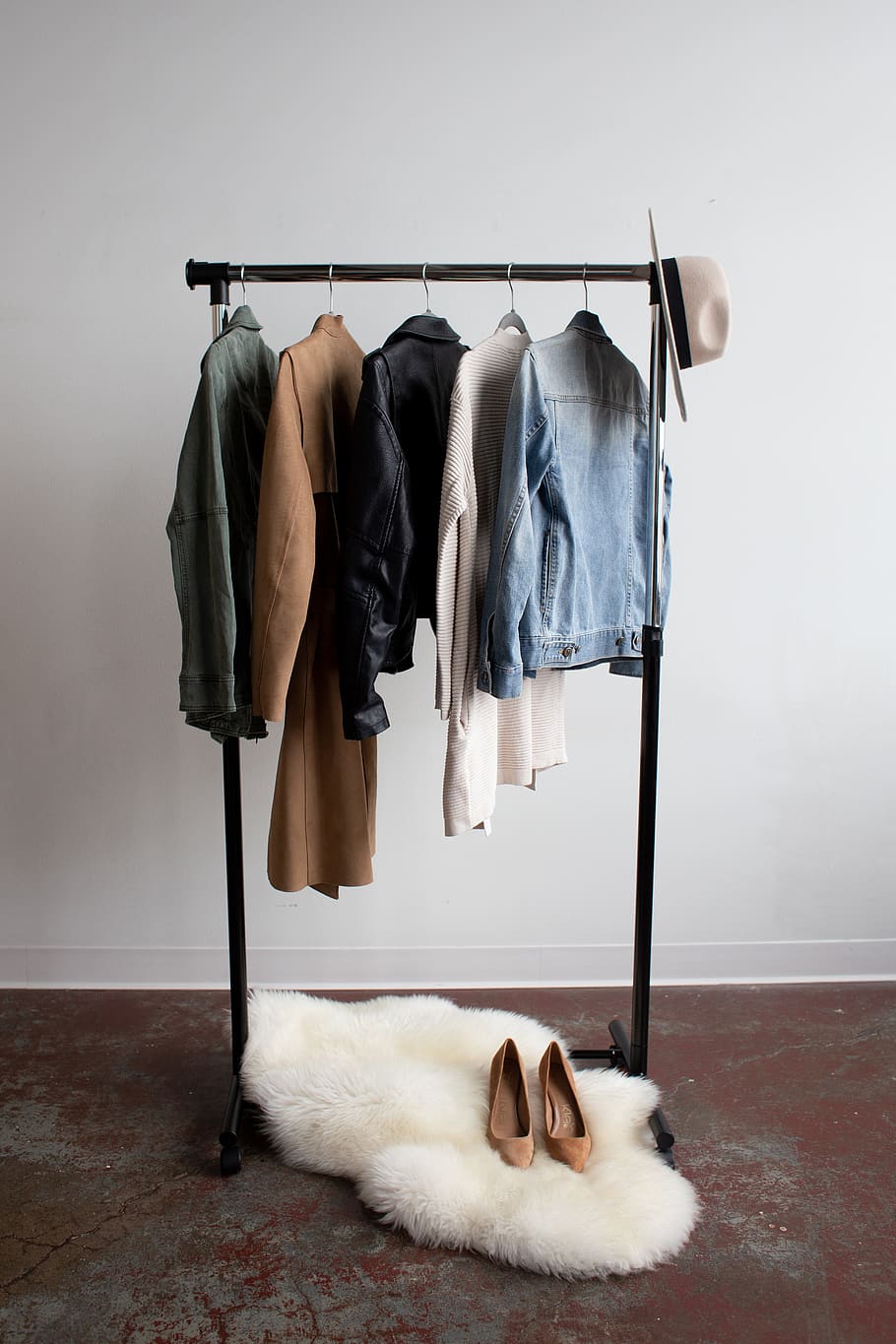 five jackets on clothes rack, domestic animals, animal themes