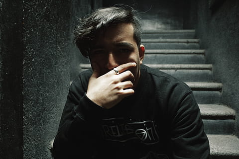 Man on Concrete Stairs, alone, dark, face, facial expression HD wallpaper
