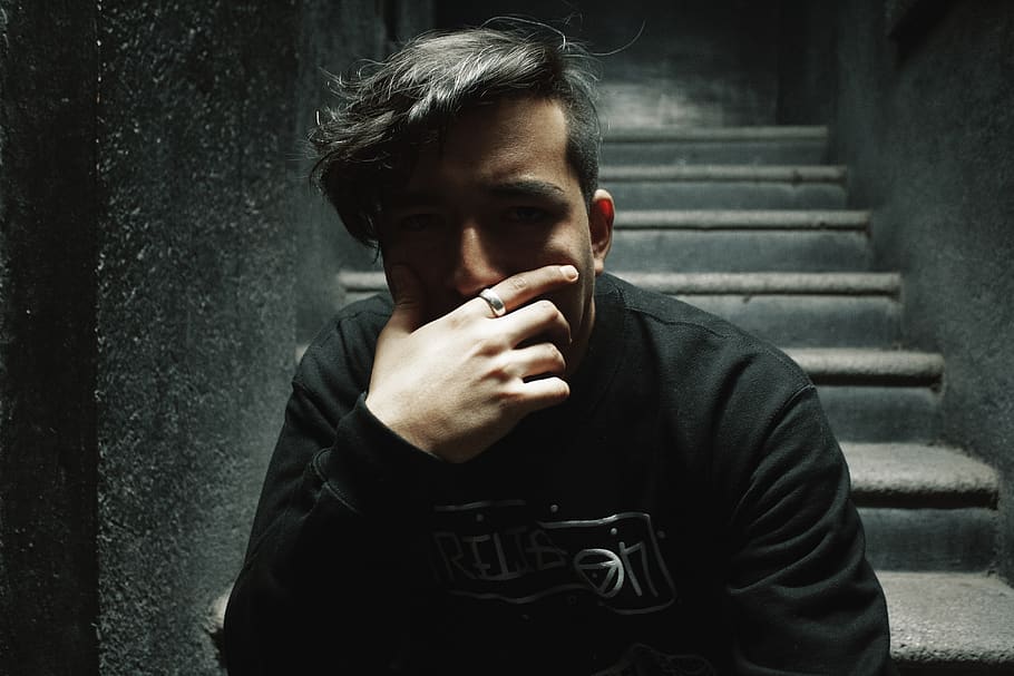 Man on Concrete Stairs, alone, dark, face, facial expression HD wallpaper