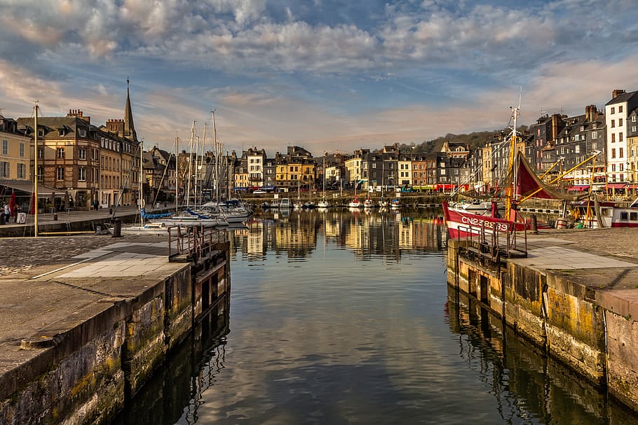 honfleur, perspective, clouds, landscape, panorama, water, reflections HD wallpaper