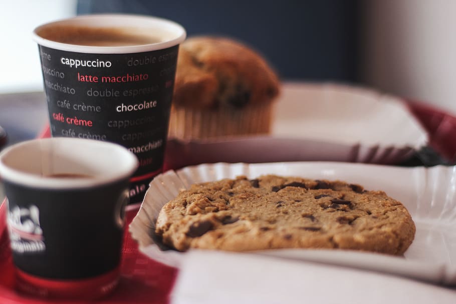 shallow focus photography of cookie and cup of coffee, breakfast, HD wallpaper