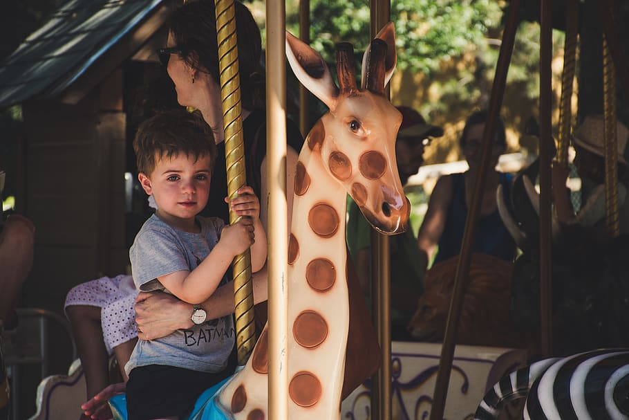 Mother Standing Beside Her Son Riding On Carousel, boy, child HD wallpaper