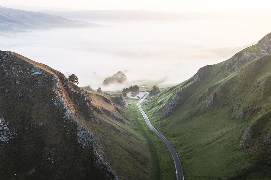 road between grassy mountains during daylight, path, drone view HD wallpaper