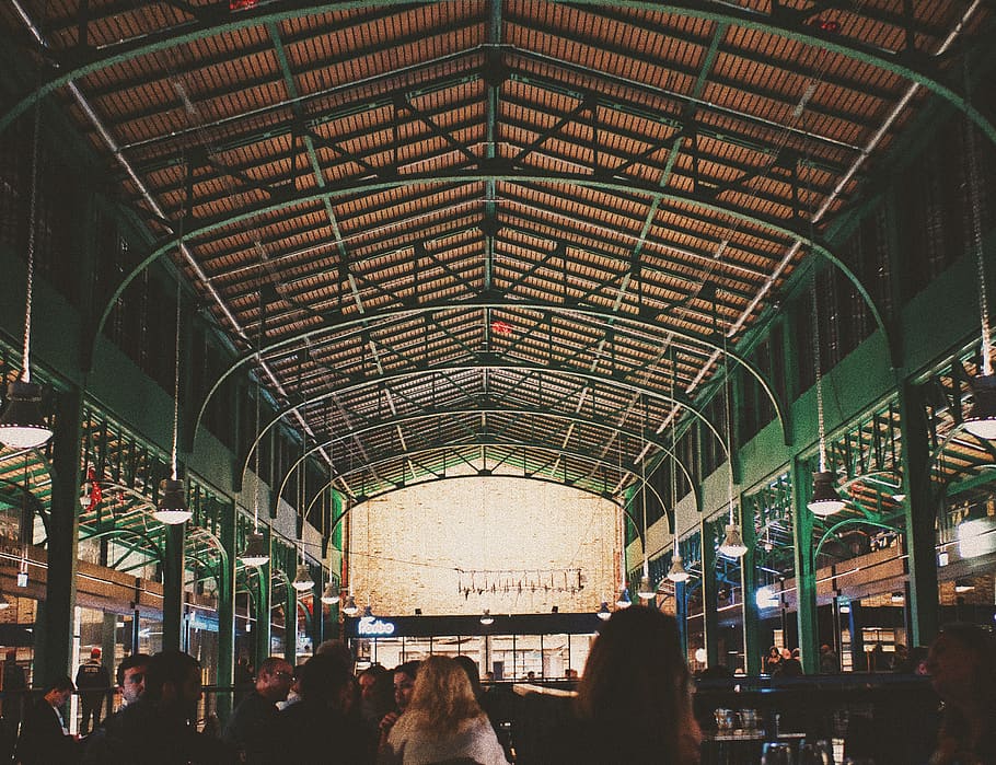 interior, industrial, old, lights, food, people, hangout, ceiling HD wallpaper