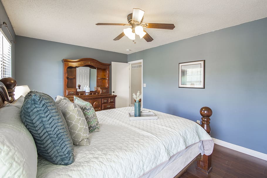 Bright Bedroom Interior, apartment, cabinet, ceiling fan, contemporary HD wallpaper