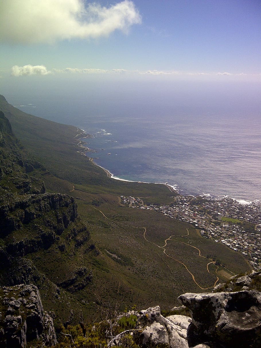 Village Aerial View, cliff, landscape, mountain, ocean, scenic HD wallpaper