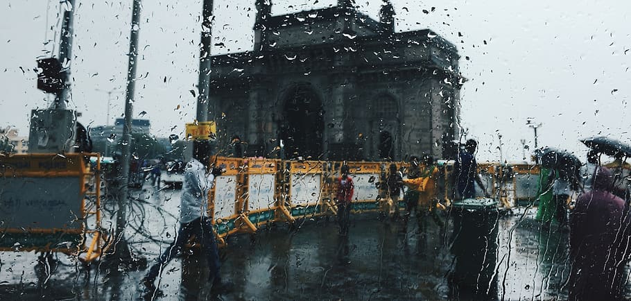 india, mumbai, gateway of india, raindrop, people, landscape