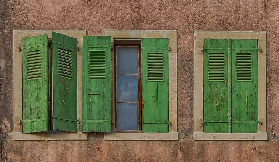 green, windows, architecture, house, old, wall, green color HD wallpaper