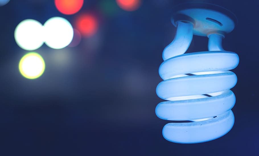 White Coil Bulb, illuminated, light, light bulb, macro, blue HD wallpaper