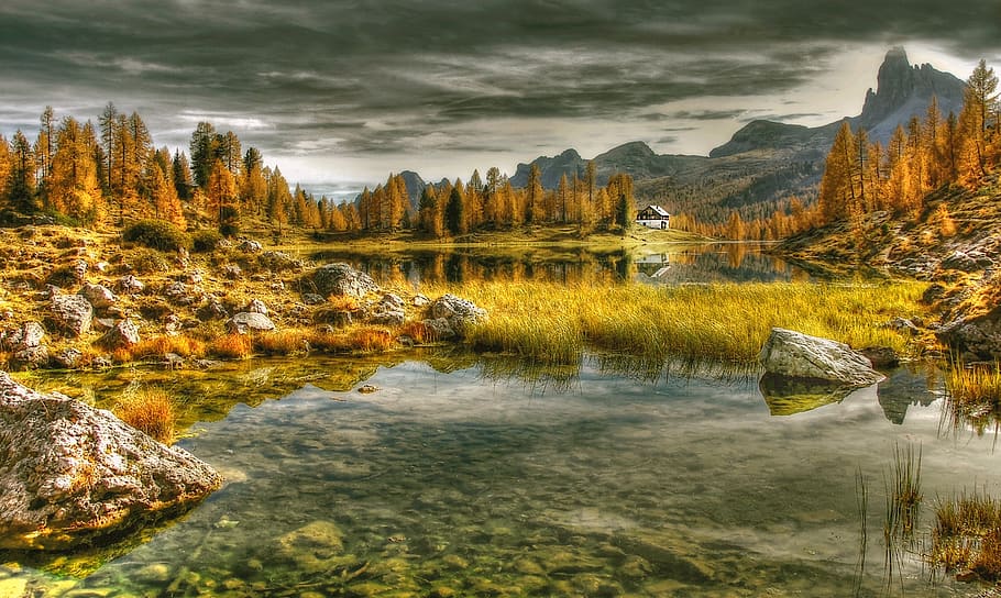 dolomites, lago federa, alpine, landscape, mountains, nature, HD wallpaper