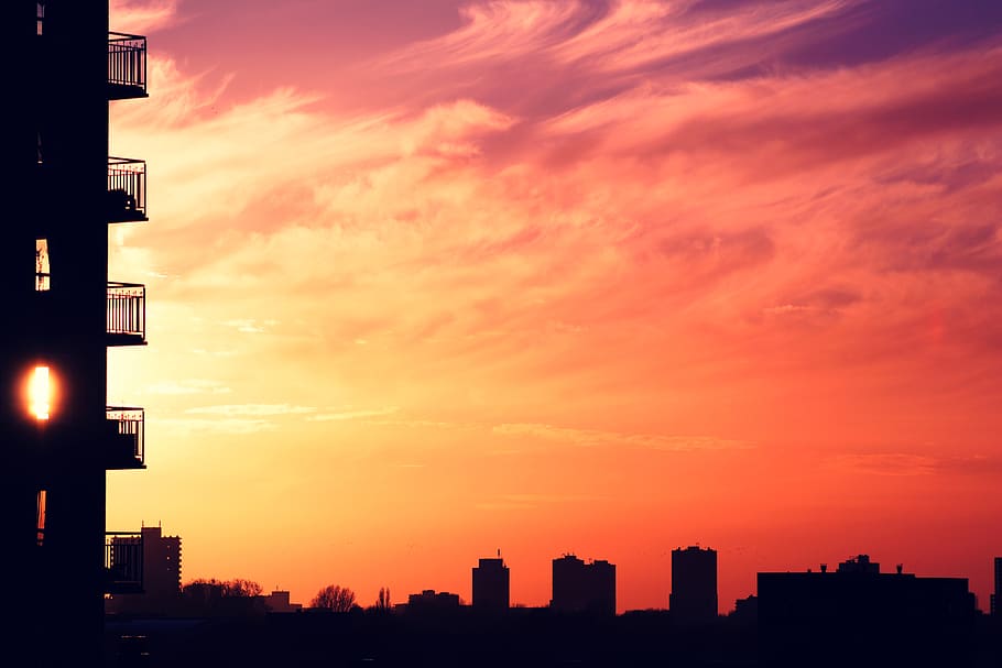 architecture, building, infrastructure, sunset, silhouette HD wallpaper
