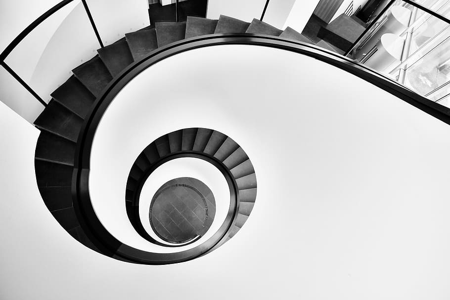 Aerial Photo of Black Spiral Staircase, abstract, architectural design HD wallpaper