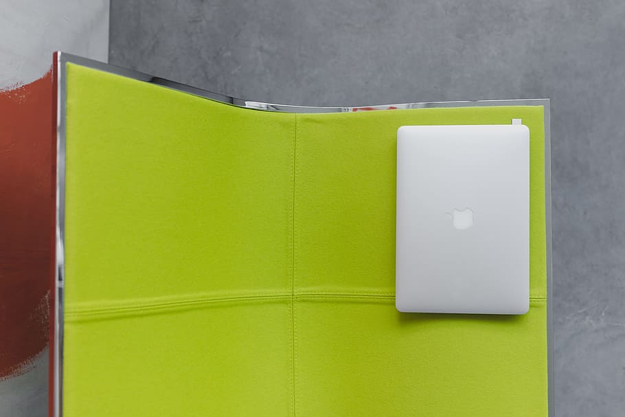 View from above at the laptop on the lime chair, computer, yellow HD wallpaper