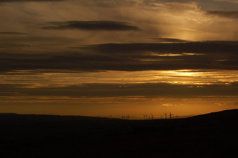 sunset, wind turbines, sky, cloud - sky, beauty in nature, scenics - nature HD wallpaper