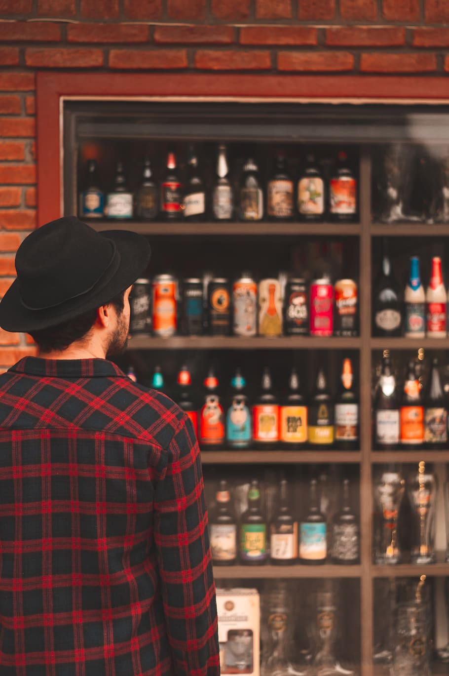 Man Looking at Liquor Bottles, alcoholic beverages, back view HD wallpaper