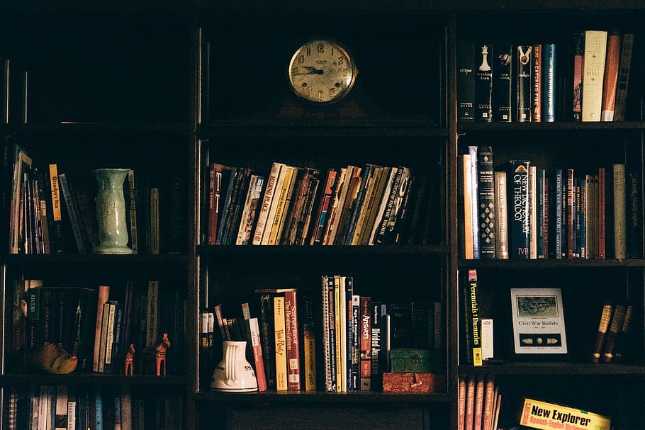 black, books, brown, clocks, libraries, wood, shelf, bookshelf