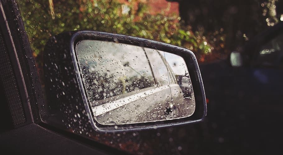 car mirror, raining, drops, wet, mode of transportation, land vehicle HD wallpaper