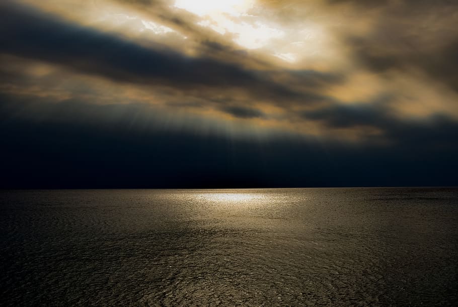 sea, sky, clouds, horizon, dark, light, sunlight, sunbeam, nature HD wallpaper