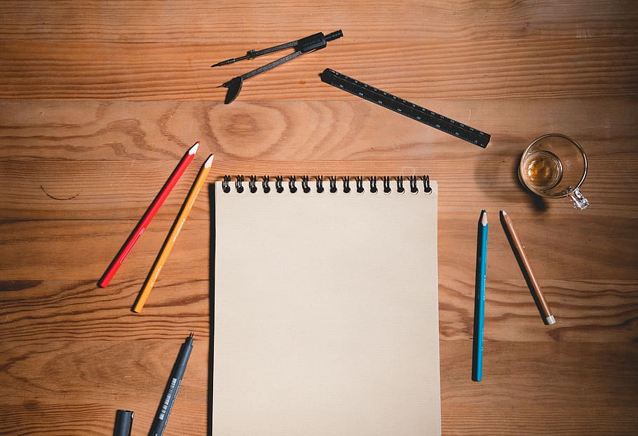 sketch pad and coloring pens, wood - material, table, pencil, HD wallpaper