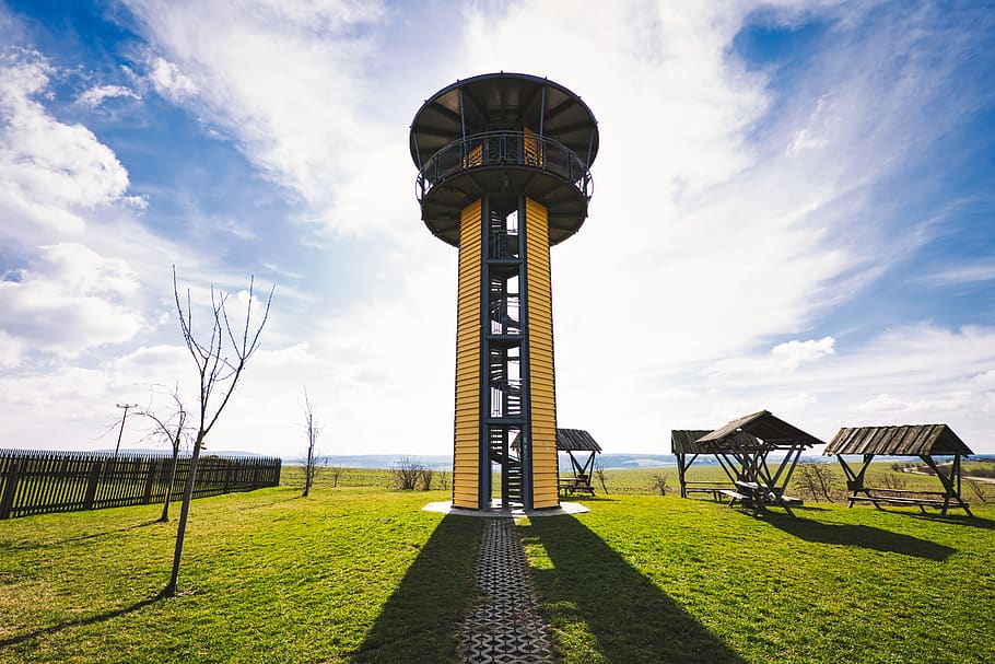 view tower, platform, sky, sun, summer, landscape, nature, blue HD wallpaper