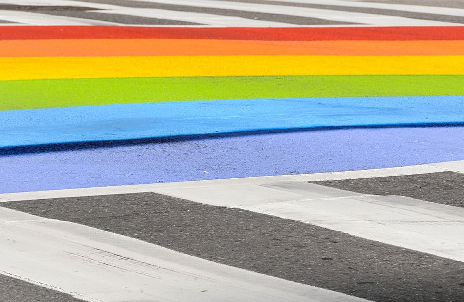 pride colors, pride day, crosswalk, lgbt, multi colored, road, HD wallpaper